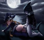 1boy 1girl anal anal_sex braided_hair brown_hair doggy_position full_moon hat moon partially_clothed revtilian samekichi sea seaside wadanohara wadanohara_and_the_great_blue_sea witch witch_hat