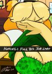 1girl 1girl animal_crossing anthro bell big_breasts blonde_hair bra breasts canine cleavage clothed clothing clothing_lift covering_face dog fur furry hair high_res inside isabelle_(animal_crossing) mammal nintendo noodle-lu profanity selfpic shirt shirt_lift signature snapchat text underwear video_games yellow_fur