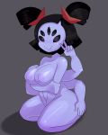 1girl 6_arms anthro arachnid arthropod big_breasts black_hair breasts digital_media_(artwork) fangs furry hair hand_on_butt looking_at_viewer muffet multi_arm multi_eye multi_limb nipples not_furry purple_skin simple_background sitting somescrub spider thick_thighs undertale v video_games wide_hips