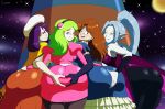 4girls ass big_ass big_breasts breasts brianne_de_chateau canime dat_ass dragon_ball dragon_ball_super dragon_ball_z female fully_clothed heart looking_at_viewer looking_back sanka_ku smile su_roas vikal yuri