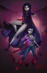 2_girls 2girls adventure_time axe big_ass big_breasts black_hair boots breasts cape cartoon_network clothing cosplay crossover dareddakka dareddakka_(artist) dc_comics dcau flying guitar marceline marceline_abadeer purple_eyes purple_hair raven_(cosplay) raven_(dc) red_eyes teen_titans