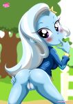  1_girl 1girl 2017 ass blush bottomless equestria_girls equestria_untamed female female_only friendship_is_magic light_blue_skin long_hair looking_back my_little_pony naked_from_the_waist_down no_panties outdoor outside partially_clothed presenting_hindquarters pussy solo standing trixie trixie_(mlp) 