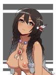  1girl azur_lane big_breasts black_hair breasts brown_eyes clavicle closed_mouth eyebrows_visible_through_hair feathers grey_background hair_between_eyes hair_feathers hair_over_shoulder high_resolution jewelry long_hair low-tied_long_hair necklace nezuko nipples nude smile south_dakota_(azur_lane) tied_hair tri_braids two-tone_background upper_body very_long_hair 