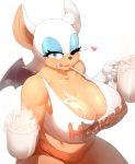 <3 1girl anthro bat blue_eyes breasts cleavage clothed clothing cum cum_in_a_cup cum_on_breasts donaught excessive_cum female female_only furry gokkun hooters huge_breasts looking_at_viewer mammal rouge_the_bat sega shirt sonic_(series) tank_top tongue tongue_out voluptuous wings