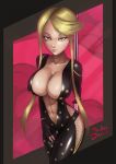 1girl big_breasts big_breasts blonde blonde_hair bodysuit breasts brown_eyes cleavage clothing dareddakka dareddakka_(artist) female_only kasuga long_hair looking_at_viewer ninja pole seductive seductive_look sengoku_basara smile tagme