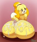 1girl 2017 animal_crossing anthro ass big_ass blonde_hair blush blush_sticker canine cum cum_on_butt digital_media_(artwork) dog fur furry hair hairband huge_ass isabelle_(animal_crossing) looking_back mammal miso_souperstar nintendo nude open_mouth shih_tzu shocked short_tail sitting teeth video_games yellow_fur