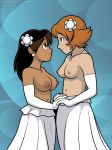  2_girls 2girls bare_shoulders big_breasts black_hair blue_background breasts brown_hair catalina_bobcat cleavage closed_mouth dan_shive el_goonish_shive elbow_gloves eye_contact female female_only gloves hair_ornament hand_holding interlocked_fingers long_hair long_skirt looking_at_another love medium_breasts multiple_girls mutual_yuri navel neck necklace nipples rhoda rhoda_(el_goonish_shive) short_hair skirt smile standing topless white_gloves white_skirt wife_and_wife yuri 