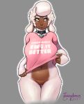 1girl 1girl 2017 5_fingers anthro bottomless brown_skin caprine clitoris clothed clothing clothing_lift collar digital_media_(artwork) english_text eyebrows eyelashes freckles front_view fur furry green_eyes grey_background hair high_res holly_(character) juicydemon mammal navel pink_clothing pink_shirt pink_topwear portrait pussy sheep shirt shirt_lift signature simple_background smile standing text three-quarter_portrait undressing white_eyebrows white_fur white_hair