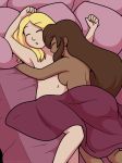 2_girls after_sex bed blonde_hair breast_press breasts brown_hair dan_shive dark_skin el_goonish_shive female female_only from_above grace_sciuridae hugging interracial long_hair love medium_breasts multiple_girls mutual_yuri navel nude sarah_brown sleeping yuri