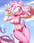 1girl 2017 amy_rose anthro anthrofied areola being_watched bikini black_nose blush bracelet breasts cellphone clothed clothing cloud digital_media_(artwork) duo english_text female_focus furry gloves green_eyes hair hairband happy hedgehog holding_object holding_phone jewelry mammal monster navel nipples open_mouth patreon phone pink_body pink_hair pink_nipples pink_skin sallyhot sega selfpic short_hair smile solo_focus swimsuit tentacle text topless v video_games