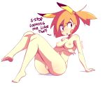 1girl animal_ears areola asymmetrical_hair blue_eyes blush breasts completely_nude diives embarrassed eyebrows_visible_through_hair feet full_body kasumi_(pokemon) knees_together_feet_apart misty nintendo nipples nude open_mouth pokemon pokemon_(anime) pokemon_character ponytail pussy side_ponytail text tied_hair uncensored white_background