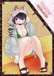  1girl alluring bikini black_and_red_and_purple_hair facial_markings insanely_hot kunimitsu_ii kunoichi namco navy_eyes open_hoodie sandals suzuki_sarmon tekken tekken_7 voluptuous watermelon_bikini 