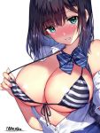 1girl areola areola_slip bangs bikini bikini_pull bikini_top black_hair blue_eyes blue_neckwear blue_skirt blush bow bowtie breasts cleavage front-tie_bikini front-tie_top matarou_(genkai_toppa) open_clothes open_shirt original parted_lips shirt shirt_pull sidelocks simple_background skirt striped striped_bikini swimsuit swimsuit_under_clothes white_background