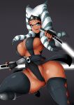  1girl ahsoka_tano alien alien_humanoid belt big_breasts black_clothing black_socks blue_eyes breasts clothed clothing eyelashes facial_markings female_focus female_only fingerless_gloves gauntlets gloves greaves happy headband holding_object holding_sword holding_weapon humanoid jumping lightsaber long_hair long_socks montrals orange_skin poleyn simple_background smile socks solo_female solo_focus star_wars star_wars:_the_clone_wars stockings sword the_mandalorian thick_thighs thighs white_lightsaber witchking00 