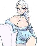 1girl bare_shoulders blue_dress blue_eyes braid breasts choker cleavage covered_navel disney dress elsa elsa_(frozen) frozen_(movie) huge_breasts leaning light-skinned_female light_skin looking_at_viewer maniacpaint off_shoulder simple_background smile thighs white_background white_hair wide_hips