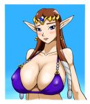  1girl alluring bikini blush brown_hair cleavage earrings embarassed erect_nipples female_only huge_breasts insanely_hot jewelry long_hair looking_at_viewer massive_breasts midriff nintendo pointy_ears princess_zelda speeds swimsuit the_legend_of_zelda tiara upper_body 