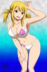 alluring andrewtodaro bikini deviantart fairy_tail floral_print looking_at_viewer lucy_heartfilia natsu_dragneel swimsuit white_bikini white_swimsuit