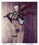  1girl alluring bikini elbow_gloves elbow_pad female_abs kitsune_mask kunai kunimitsu kunimitsu_(tekken) kunoichi machitehew milf namco red_hair sword tekken tekken_1 tekken_2 tekken_tag_tournament tekken_tag_tournament_2 voluptuous 