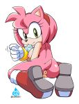  1girl 1girl amy_rose anus areola asking_for_it ass boots bracelet breasts condom_in_mouth coolblue eyelashes fig_sign gloves green_eyes hairband hedgehog kneel looking_at_viewer looking_back mostly_nude nipples pussy rear_view sega smile 