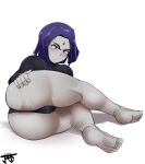  1girl 1girl ass big_ass dc_comics eye_contact feet grabbing_own_ass jmvmaa leotard looking_at_viewer purple_hair rachel_roth raven_(dc) short_hair teen_titans thick_thighs thighs white_background 