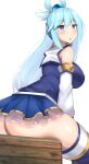 1girl aqua_(konosuba) aqua_hair big_breasts blue_eyes boots dat_ass dress female_focus female_only hair_ornament huge_ass jakko kono_subarashii_sekai_ni_shukufuku_wo! long_hair looking_down on_table sitting skirt solo_female solo_focus thigh_high_boots thighhigh_boots