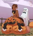 1girl 2017 4_toes anthro ass brown_eyes brown_hair dipstick_ears ear_piercing food freckles_(artist) fruit furry hair huge_testicles hyper hyper_penis hyper_testicles jack-o'-lantern lagomorph large_testicles long_ears looking_back male mammal penis piercing pumpkin rabbit short_hair soto_(character) testicles toes tongue tongue_out