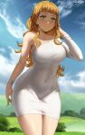 1girl 1girl 1girl 2021 artist_signature belly_button big_breasts black_clover blonde_hair blue_sky breasts clothed clothed_female dress female_focus female_only grass green_eyes high_res high_res high_resolution hips huge_breasts long_hair looking_at_viewer mimosa_vermillion outside plains shexyo slim_waist smile smiling_at_viewer solo_female solo_focus tagme thick_thighs thighs tree white_dress wide_hips wristband