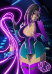 1girl areola black_hair black_panties breasts cleavage dress gloves glowing hair_over_one_eye head_tilt large_breasts long_hair looking_at_viewer micro_dress multicolored_hair nipple one_breast_out overwatch panties purple_eyes purple_hair smile sombra_(overwatch) thighhighs thighs waifuholic wide_hips