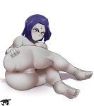  1girl 1girl anus ass big_ass dc_comics eye_contact feet grabbing_own_ass jmvmaa looking_at_viewer nude purple_hair pussy rachel_roth raven_(dc) short_hair teen_titans thick_thighs thighs white_background 