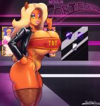  1girl 1girl 2017 absurd_res anthro bandicoot betsibi big_breasts blonde_hair breasts clothing crash_bandicoot_(series) eyeshadow furry green_eyes hair high_res legwear long_hair looking_at_viewer makeup mammal marsupial nipple_bulge one_eye_closed plankboy tawna_bandicoot video_games wink 