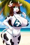  1girl ai_generated ai_hands anna_maliniak_(xxbilsm) anthro beach big_ass big_breasts blue_bikini bovid bovine brown_hair cow_ears cow_girl cow_horns cow_print cow_tail cute_face frosting.ai green_eyes holding_bikini_bottom holstein_friesian_cattle long_hair mammal oc original_character original_version_at_source watermark_removed wide_hips 