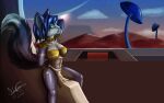  1girl alluring anthro blue_fur chronoreaper chronoreaper_(artist) female_abs furry hot krystal nintendo posing sexy star_fox star_fox_adventures sunset vixen voluptuous 