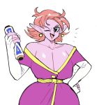  1girl bare_shoulders big_breasts breasts chronoa cleavage core_person dragon_ball dragon_ball_xenoverse earrings embo goddess hand_on_hip nipple_bulge pink_hair pink_skin pointy_ears potara_earrings scroll scroll_of_eternity supreme_kai_of_time wink 