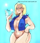 1girl 1girl abs alternate_breast_size android_18 armpits blonde_hair breasts cleavage dragon_ball dragon_ball_z embo eye_contact fanning_self half-closed_eyes heavy_breathing huge_ass huge_breasts looking_at_viewer naughty_face open_shirt panties revealing_clothes seductive sketch sweat text thick_thighs vest wet wide_hips