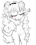 1girl areola arms_behind_head bangs blush closed_eyes curly_hair earrings eyelashes furry hairband headband hearlesssoul highres lineart long_hair mina_mongoose mongoose monochrome navel nipple_piercing nipples nude pubes pussy sega singing small_breasts smile sonic_(series) tail white_background