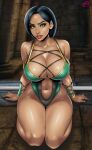  1girl alluring athletic_female bare_legs big_breasts black_hair breasts cleavage ed_product female_abs fit_female green_eyes jade_(mortal_kombat) kneel looking_at_viewer midway_games mortal_kombat mortal_kombat_armageddon mortal_kombat_deception 