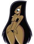 1girl annoyed big_breasts bikini biting_lip black_hair blush codykins123 danny_phantom dark-skinned_female dark_skin desiree green_eyes hair_over_one_eye long_hair navel nickelodeon white_background wide_hips