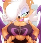 1girl 1girl anthro bat big_breasts bigdad breasts chibi furry hands_on_hips lipstick looking_at_viewer makeup mammal mascara nipple_bulge rouge_the_bat sega smile voluptuous zipper