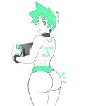  1girl ass big_ass buttholemagick crop_top cross-shaped_pupils earrings green_eyes green_hair huge_ass large_ass lipstick looking_at_viewer looking_back mint_(skarp_world) nintendo nintendo_switch round_ass short_hair skarp_world standing tank_top thick_thighs 