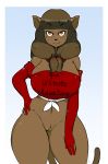 1girl 1girl 2017 anthro armwear arnachy big_breasts bottomless breasts brown_hair clothed clothing ecaflip english_text feline furry gradient_background hair high_res long_hair looking_at_viewer mammal miranda_(wakfu) pussy simple_background smile text wakfu