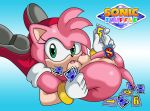 1girl amy_rose anus areola ass boots bracelet breasts erect_nipples eyelashes flexible furry gloves green_eyes hairband hedgehog highres legs_over_head looking_at_viewer mostly_nude object_in_mouth on_back presenting_pussy sega smile sonic_shuffle sonictopfan vaginal_penetration