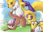  1girl 2017 anthro berry_ranieri big_breasts blush breasts cum cum_inside dialogue digimon duo english_text furry futanari futanari_on_female mammal mustelid nipples otter penetration penis pussy renamon semi-anthro testicles text vaginal vaginal_penetration xilrayne 