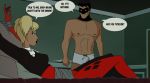  1boy 1girl batman_(series) batman_and_harley_quinn batman_the_animated_series boner bound dc dc_comics dcau dialogue dick_grayson elmrtev erection_under_clothes harleen_quinzel harley_quinn male/female nightwing 