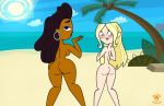  2_girls anne_maria anne_maria_(tdi) ass beach bigtyme blonde_hair blush dark_hair dark_skin dawn_(tdi) edit female_only multiple_girls nude ocean palm_tree sand sky sun total_drama_island 