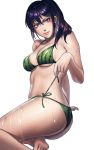  1girl alluring ass bikini black_hair breasts commentary english_commentary food_print gradient_hair hanny_(uirusu_chan) high_res insanely_hot kunimitsu_ii kunoichi lips looking_at_viewer medium_breasts multicolored_hair namco ponytail purple_eyes purple_hair side-tie_bikini sitting spaghetti_strap swimsuit tekken tekken_7 twisted_torso under_boob watermelon_bikini watermelon_print wet whisker_markings white_background 