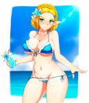 1girl alluring bikini blonde_hair blush braid cleavage cup day drink drinking_glass elf flower flower_on_head green_eyes looking_at_viewer navel pointy_ears princess_zelda shiny_skin sidelocks smile standing swimsuit the_legend_of_zelda the_legend_of_zelda:_tears_of_the_kingdom thighs triforce water