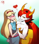 2017 2_girls blonde_hair blush breast_press breasts breasts_press character_name cleavage deviantart embarrassed frostbiteboi hair_over_one_eye half-closed_eyes heart hekapoo holding_hands interlocked_fingers jealous large_breasts long_hair looking_at_another looking_at_viewer medium_breasts multiple_girls nose_blush raised_eyebrow red_hair redhead signature star_butterfly star_vs_the_forces_of_evil