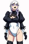  ai_generated ben_10 ben_10:_omniverse bodysuit boob_window charmcaster dyed_hair long_hair long_sleeves maid_uniform nier:_automata purple_hair stockings thighs white_hair yorha_2b_(cosplay) 