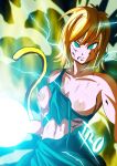 dragon_ball exposed_breasts grin inbetweengamer kari_(xenoverse_2_oc) ripped_clothes saiyan_tail super_saiyan xenoverse_2