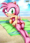 1girl 2017 amy_rose areola ass bbmbbf beach bikini blush breasts exposed_breasts eyelashes furry green_eyes hairband hand_on_ass hedgehog looking_at_viewer looking_back mobius_unleashed nipples ocean on_stomach outdoors palcomix panties_down rear_view sega smile sonic_(series) sonic_the_hedgehog_(series) undressing wink